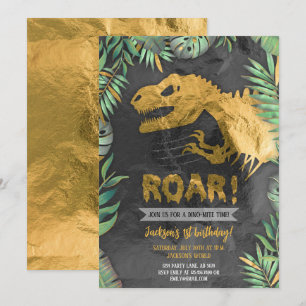 Guld Dinosaur Roar Birthday Inbjudningar