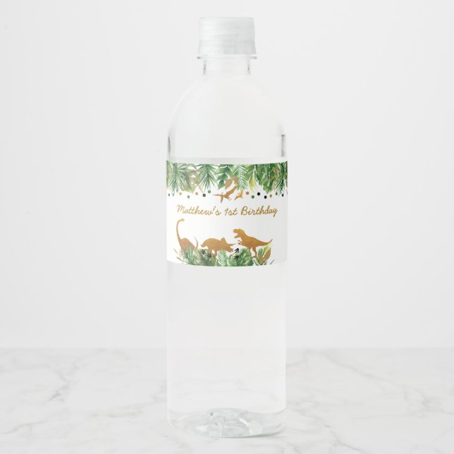 Guld Dinosaur Safari Birthday Vattenflaskor Etikett (Framsida)