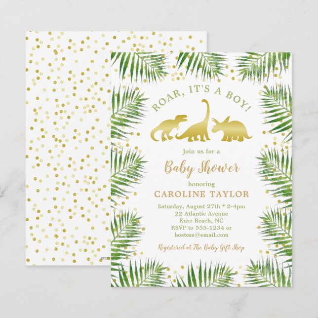 Guld Dinosaur Tropical Greenery Baby Shower Inbjudningar (Fram/baksida)