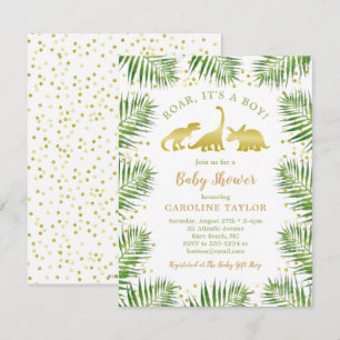 Guld Dinosaur Tropical Greenery Baby Shower Inbjudningar