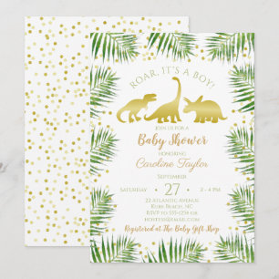 Guld Dinosaur Tropical Greenery Baby Shower Inbjudningar