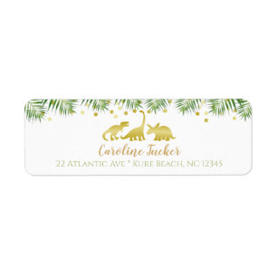 Guld Dinosaur Tropical Greenery Baby Shower Returadress Etikett