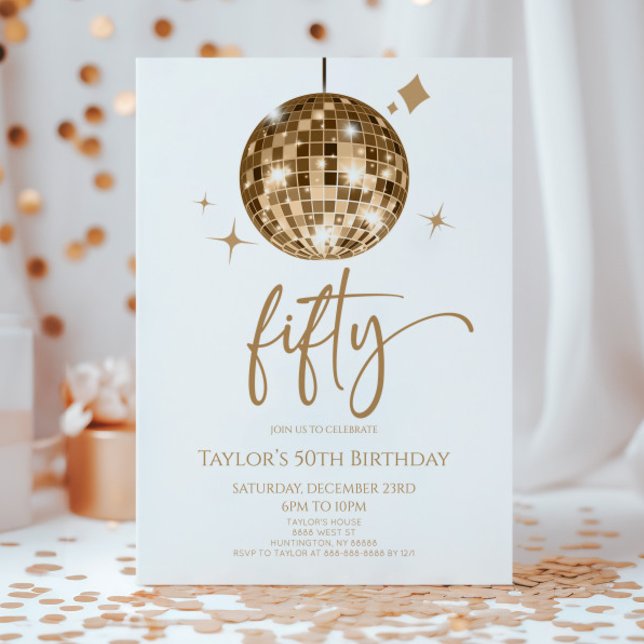 Guld Disco Boll 50:e Födelsedagsfesten Inbjudningar (Skapare uppladdad)