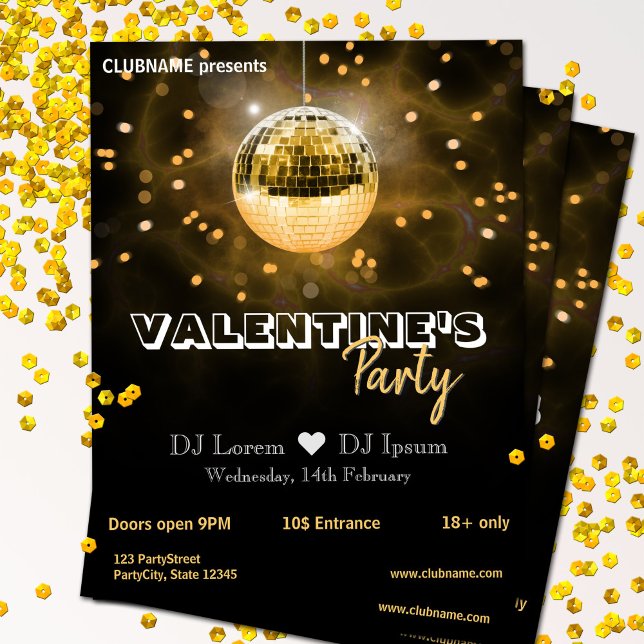 Guld Disco Boll Alla Hjärtans Dag Fest Flyer (Skapare uppladdad)