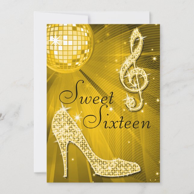 Guld Disco Boll och Gnistra Heels Sweet 16 Inbjudningar (Framsida)