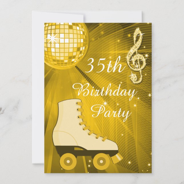 Guld Disco Boll och Rullskridskor 35-årsdag Inbjudningar (Framsida)