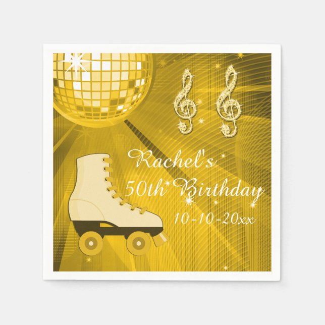 Guld Disco Boll och Rullskridskor 50-årsdag Pappersservett (Framsidan)