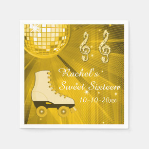 Guld Disco Boll och Rullskridskor Sweet Sixteen Pappersservett