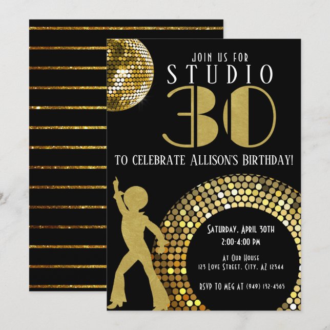 Guld Disco Boll Studio 54 Party 30års födelsedag Inbjudningar (Fram/baksida)
