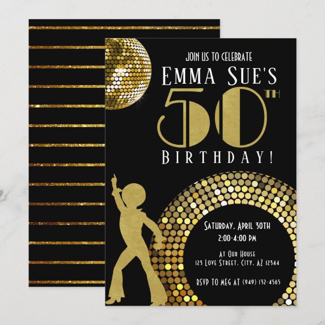 Guld Disco Boll Studio 54 Party 50:e födelsedagen Inbjudningar (Fram/baksida)