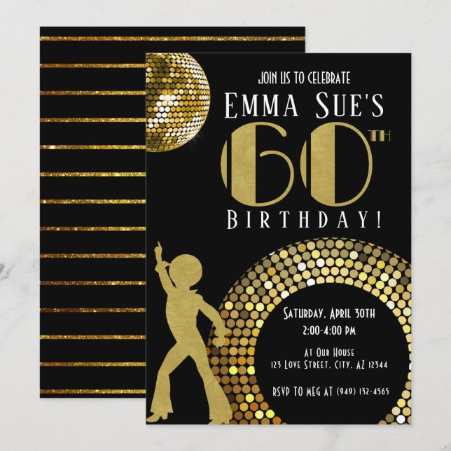 Guld Disco Boll Studio 54 Party 60-årsdagen Inbjudningar (Fram/baksida)