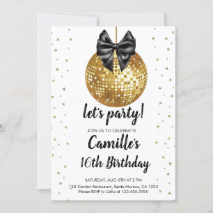 Guld Disco Boll   svart båge Birthday Inbjudningar