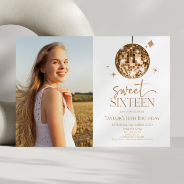 Guld Disco Boll Sweet sixteen 16:e Födelsedagsfest Inbjudningar (Skapare uppladdad)