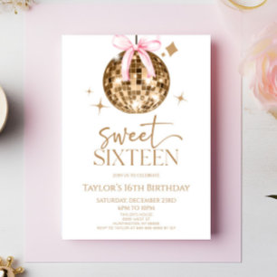 Guld Disco Bow Sweet sixteen 16:e Födelsedagsfeste Inbjudningar