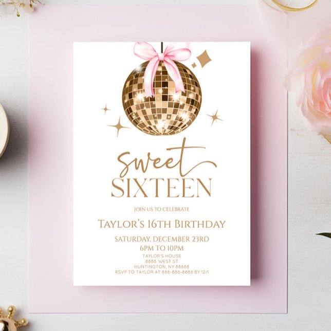 Guld Disco Bow Sweet sixteen 16:e Födelsedagsfeste Inbjudningar (Skapare uppladdad)