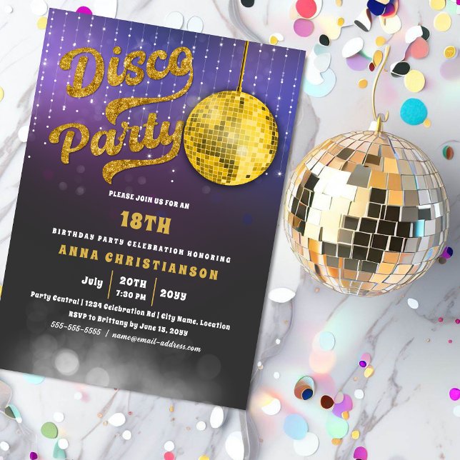 Guld Disco Födelsedagsfest Inbjudningar (Gold glitter-look disco party invitation. )