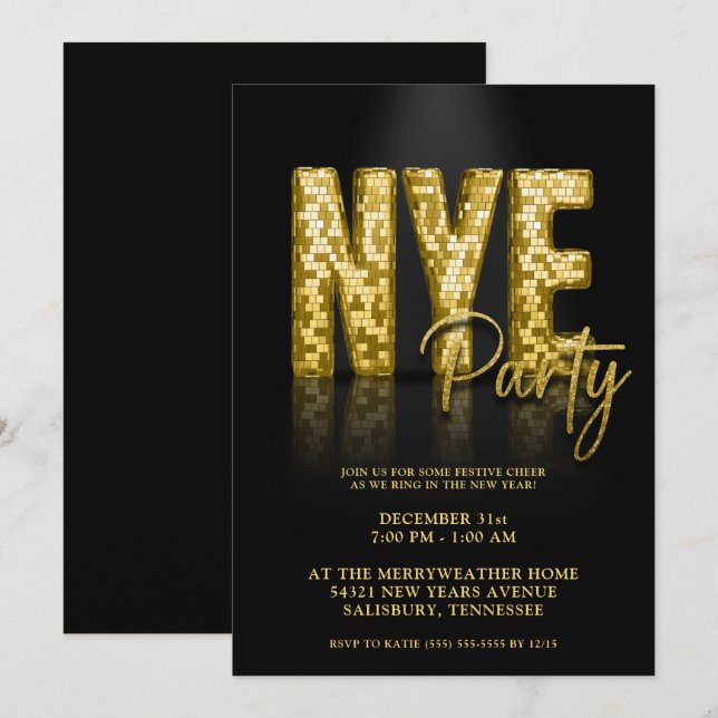 Guld Disco Glitter Nyårsafton Party Inbjudningar (Fram/baksida)