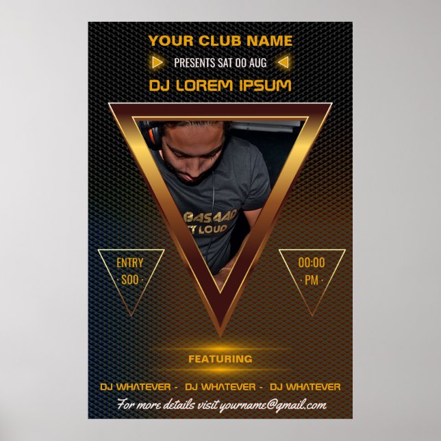 Guld DJ Music and Dance Gig lägg till bild och log Poster (Framsidan)