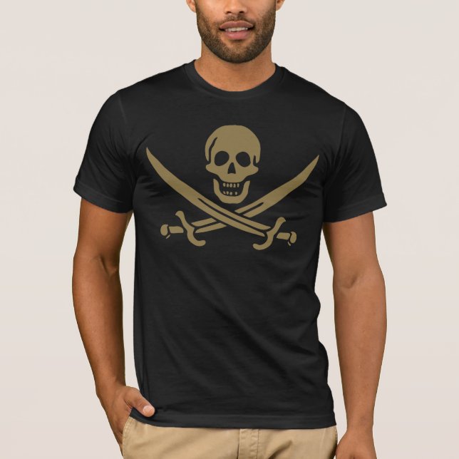 Guld Dödskalle & Svärd Piratflagga av Calico Jack T Shirt (Framsida)