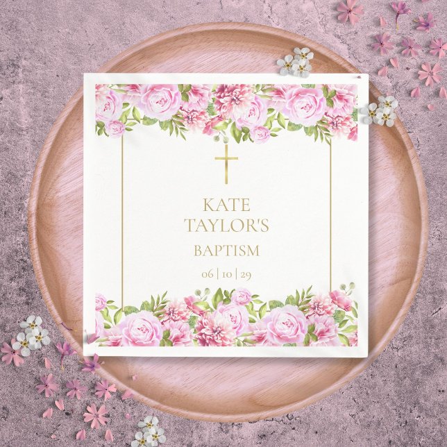 Guld Dop Dopfest Rosa Rosor Blommig Pappersservett (Gold Baptism Christening Pink Roses Floral Napkins)