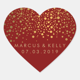 Guld Dots Confetti på Maroon | BRÖLLOP Hjärtformat Klistermärke