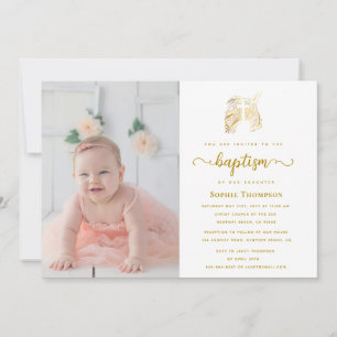 Guld Dove White Kor Girl Religiösa Baptism Photo Inbjudningar