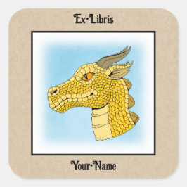 Guld Dragon Head in Profile Bookplate Fyrkantigt Klistermärke