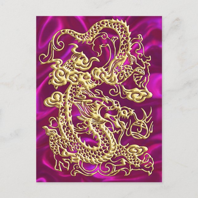 Guld Dragon Magenta Satin Lush Guld Card Vykort (Framsida)