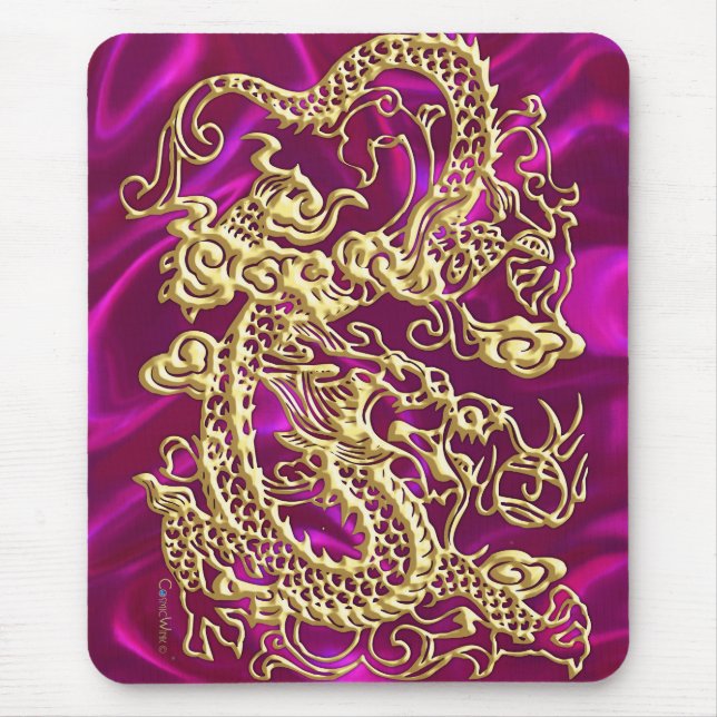 Guld Dragon Magenta Satin Lush Guld Mousepad Musmatta (Framsidan)