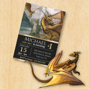 Guld Dragon Medieval Castle Fantasy Birthday Inbjudningar