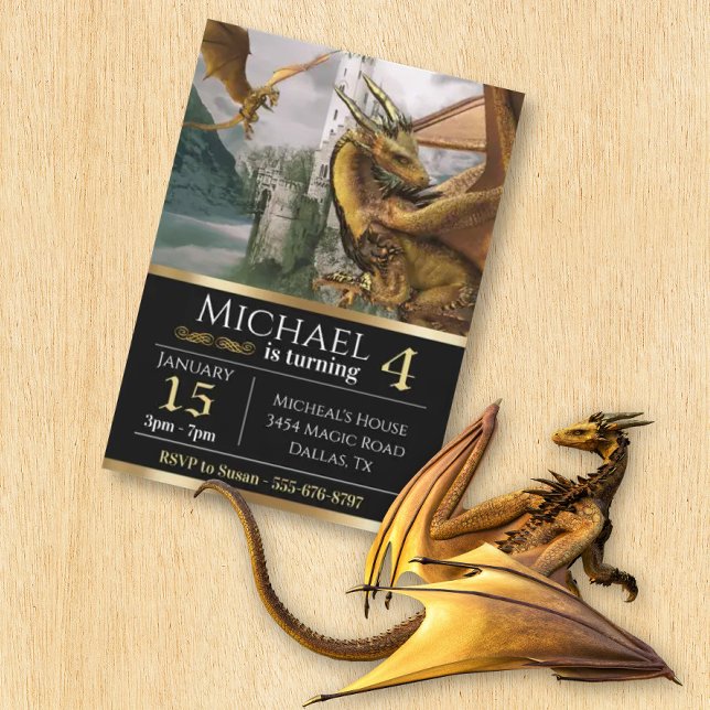 Guld Dragon Medieval Castle Fantasy Birthday Inbjudningar (Skapare uppladdad)