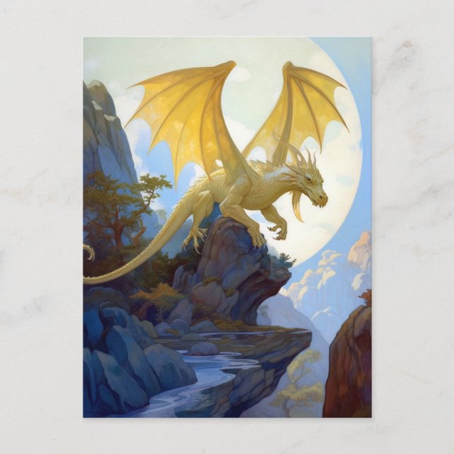 Guld Dragon på ett Cliff Fantasy Art Postcard Vykort (Framsida)