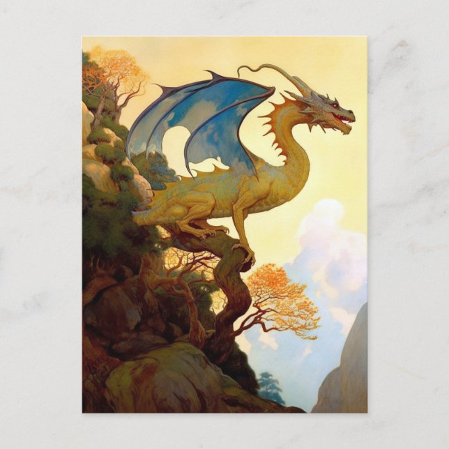 Guld Dragon på ett Cliff Fantasy Art Postcard Vykort (Framsida)