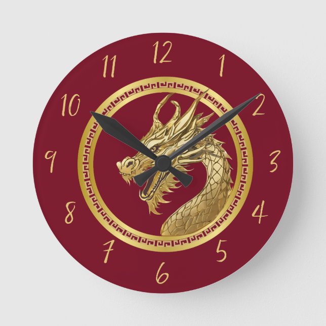 Guld Dragon-Red- Rund Klocka (Framsida)