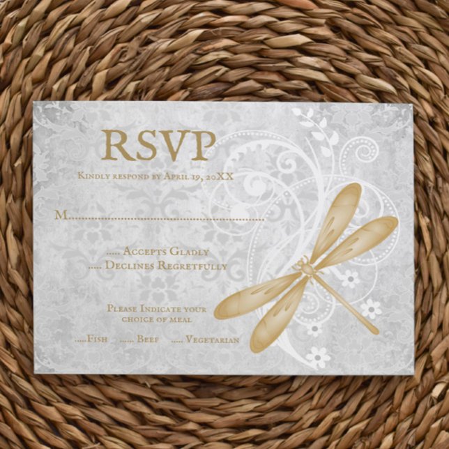 Guld Dragonfly Bröllop OSA Card Kort (Gold Dragonfly Wedding RSVP Card)