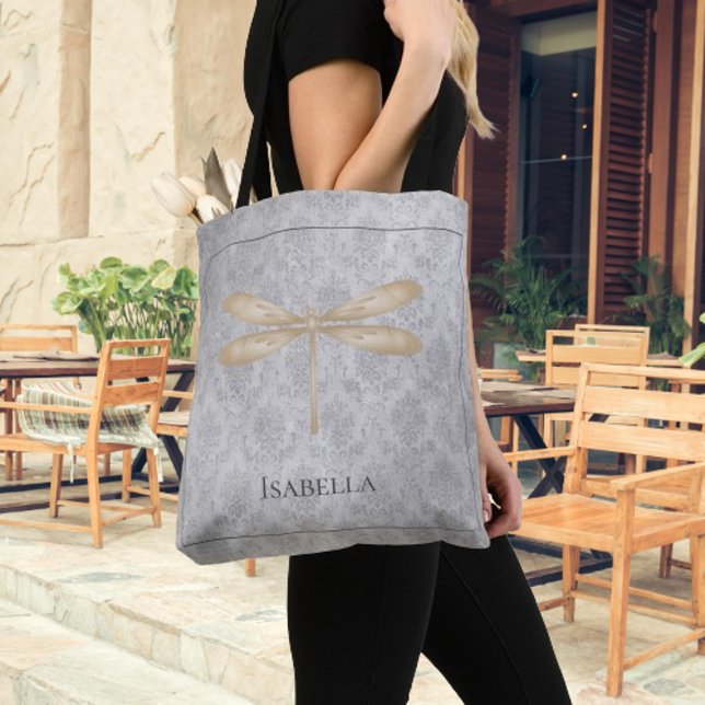 Guld Dragonfly Damask Tygkasse (Gold Dragonfly Damask Tote Bag)