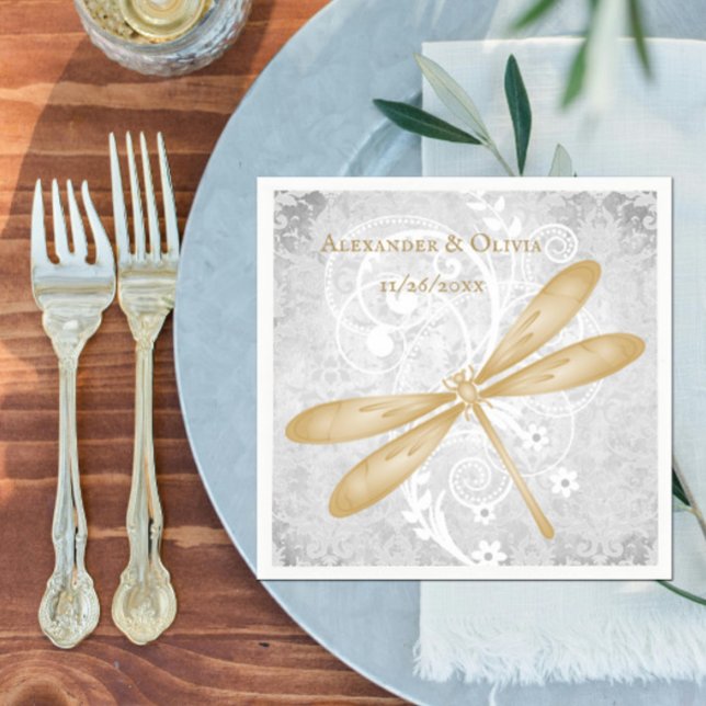 Guld Dragonfly Möhippa Napkin Pappersservett (Gold Dragonfly Bridal Shower Napkin)
