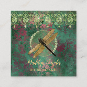 Guld Dragonfly på Grönt med Rhinestones Fyrkantigt Visitkort