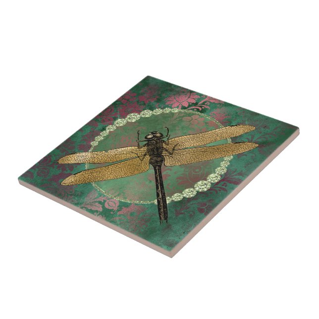 Guld Dragonfly på Grönt med Rhinestones Kakelplatta (Sidan)