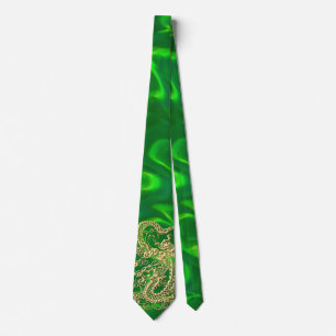 Guld Drakon Grön Satin Frodig Slips