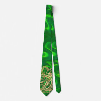 Guld Drakon Grön Satin Frodig Slips