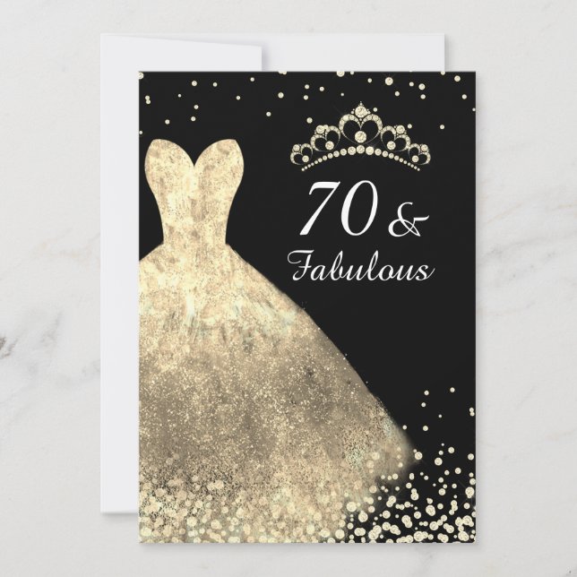 Guld Dress & Black 70 & Fabulous 70:e födelsedagen Inbjudningar (Framsida)