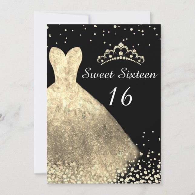 Guld Dress & Black Sweet 16 16:e Födelsedagsfesten Inbjudningar (Framsida)