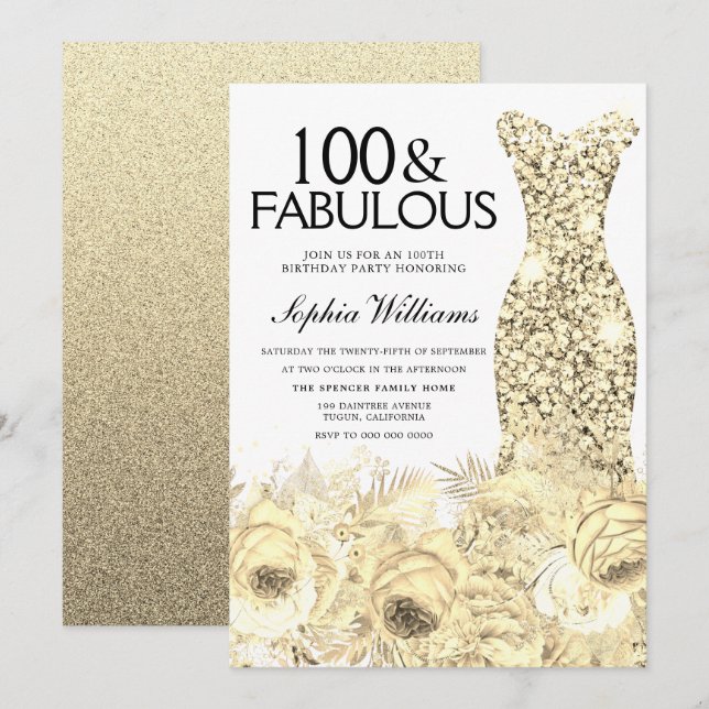 Guld Dress Blommigt 100 & Fabulous 100 Birthday Inbjudningar (Fram/baksida)