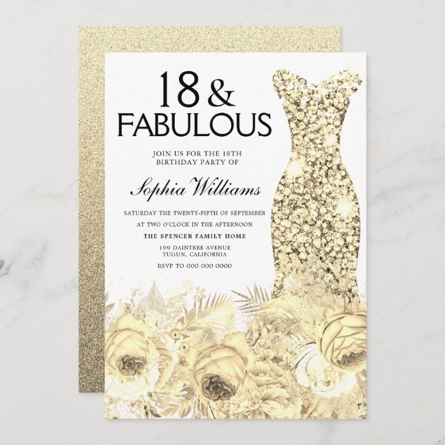 Guld Dress Blommigt 18 och Fabulous 18:e födelseda Inbjudningar (Fram/baksida)