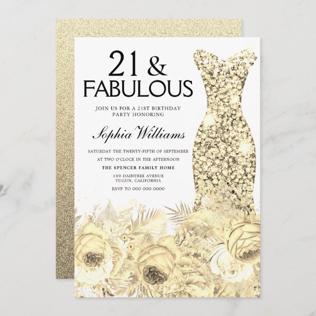 Guld Dress Blommigt 21 & Fabulous 21 Birthday Inbjudningar (Fram/baksida)