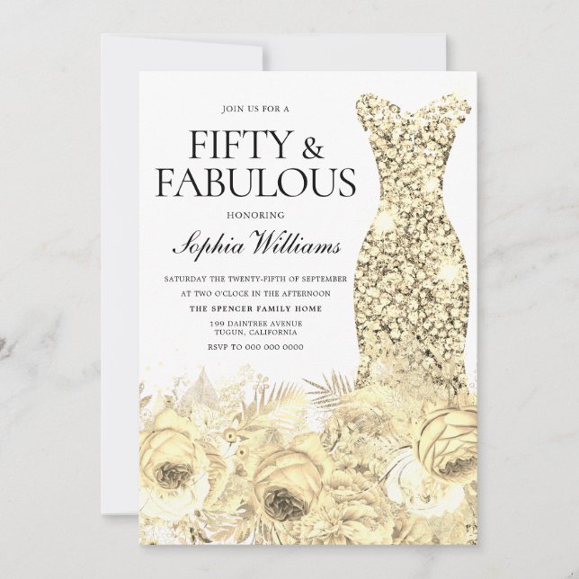 Guld Dress Blommigt 50 och Fabulous 50:e födelseda Inbjudningar (Framsida)