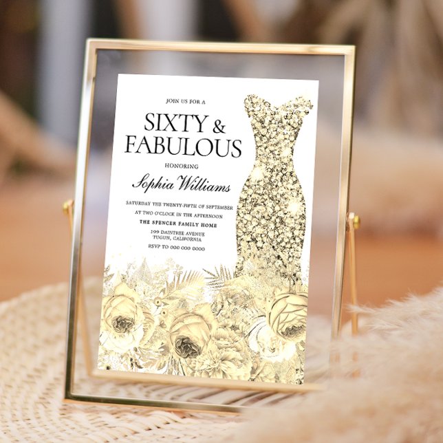 Guld Dress Blommigt 60 & Fabulous 60:e födelsedage Inbjudningar (Skapare uppladdad)
