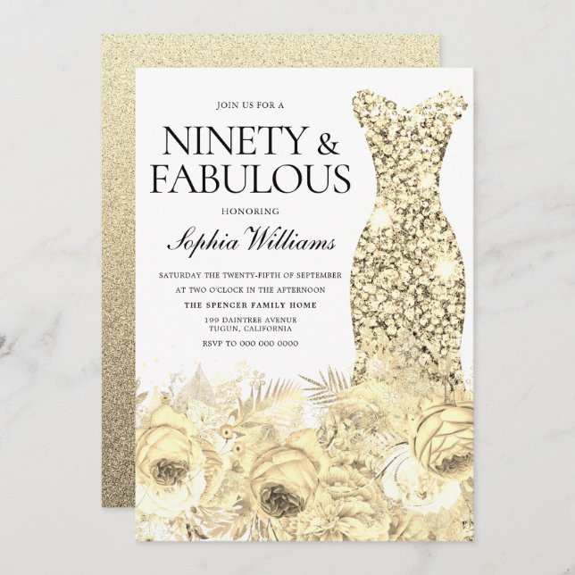 Guld Dress Blommigt Nittio & Fabulous 90:e Birthda Inbjudningar (Fram/baksida)