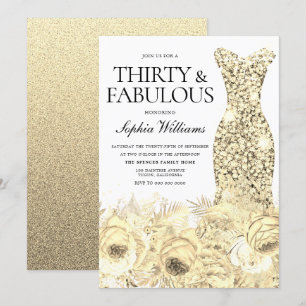 Guld Dress Blommigt trettio & Fabulous 30års födel Inbjudningar
